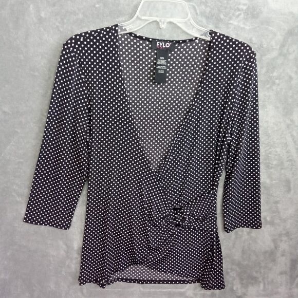 FYLO Women Medium Blouse Black And White‎ Polka Dot V Neck Long Sleeve Y2K 90s - Picture 6 of 8